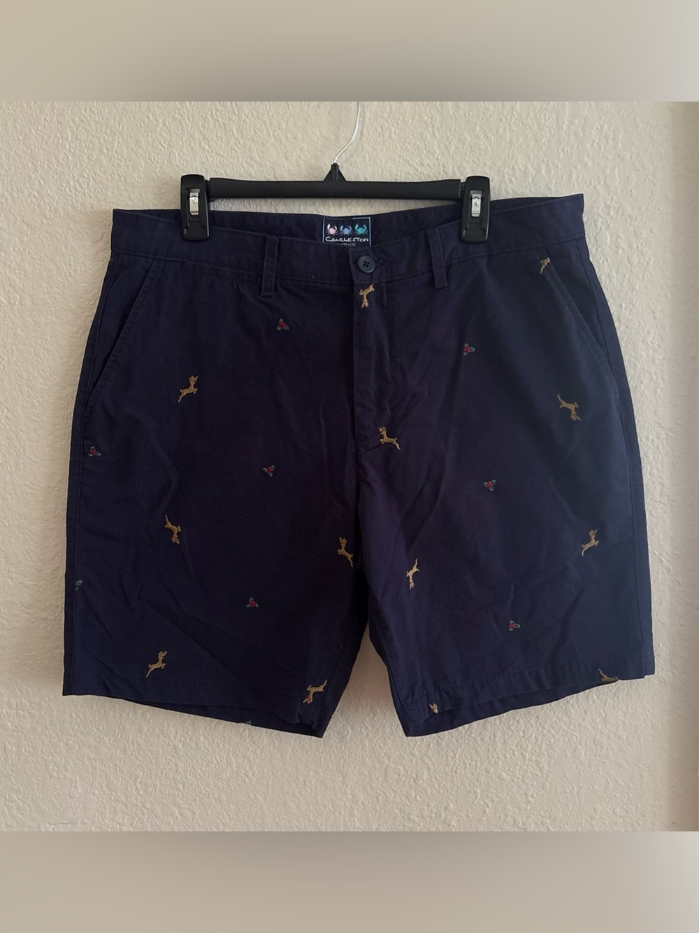 Charleston Threads Christmas Navy Embroidered Deer Cotton Blend Men’s Shorts